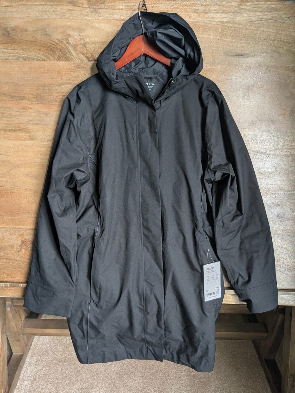 NWT Athleta Rainout Ridge Long Trench Coat Womens Large Black Waterproof Hooded